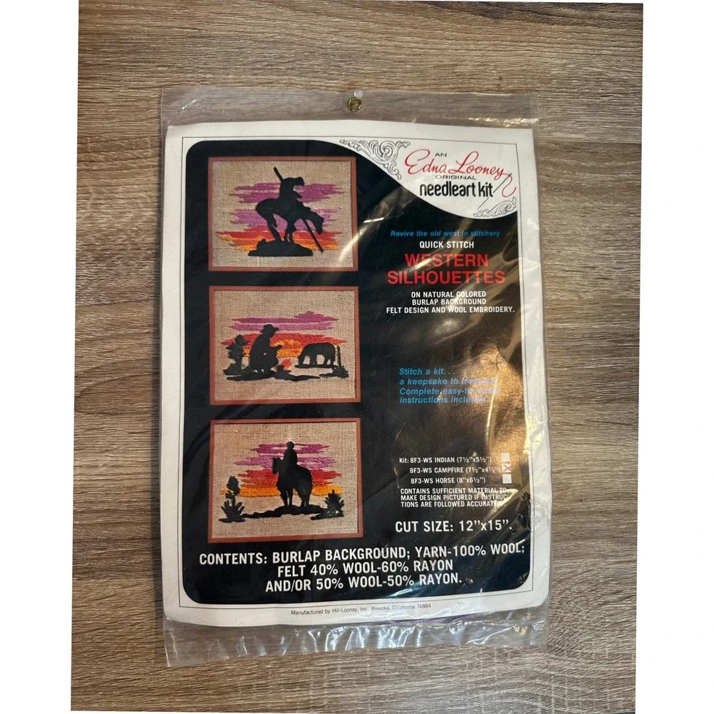 Vintage Edna Looney Original Needleart Kit Western Campfire Silhouette Wool Rare